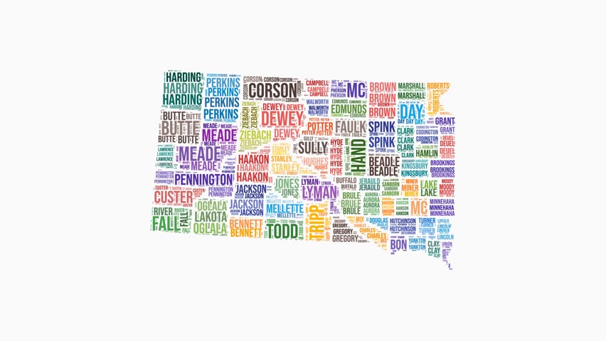 South Dakota counties word cloud animation. State logo animated video. South Dakota colored text cloud. Counties typography style motion graphics. Amazing video.