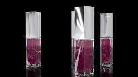 Rotating rose red liquid lip glosses glass bottles. One glass bottle with silver cap opens. 3d animation on black background - Powered by Shutterstock - Get 15% off with code: PIKWIZARD15