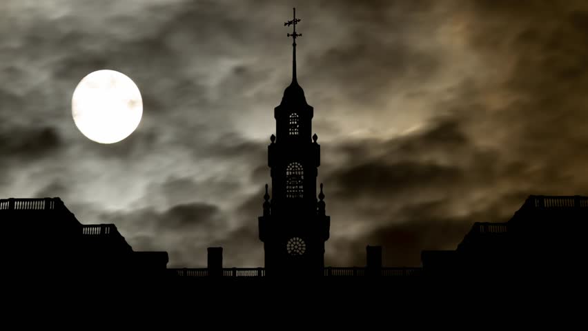 Dover: Legislative Hall of Delaware By Night with Dark Atmosphere, Fog, Smoke, and Full Moon, USA