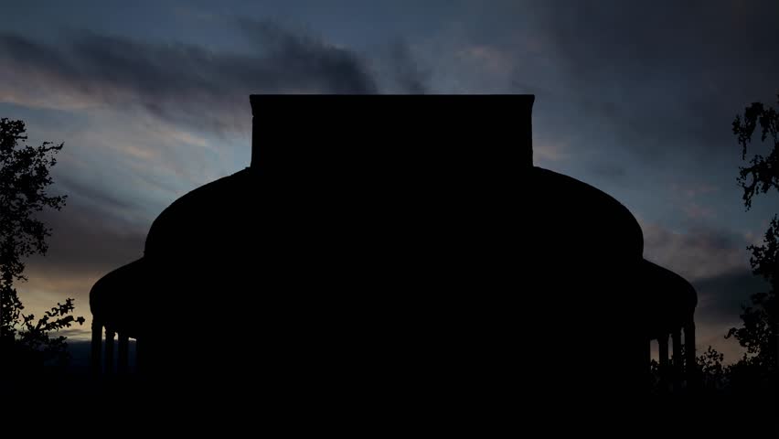 Santa Fe: New Mexico State House, Time Lapse at Sunrise with Fast Clouds and Dark Silhouette of the only round state capitol building in the USA