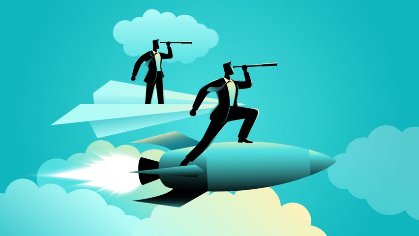 Entrepreneurs on paper airplanes competing with entrepreneurs on rockets. Symbolizing how businesses with greater capital have a higher chance of success