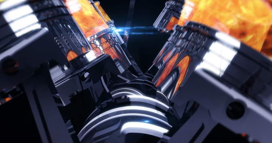 Precision Shot of V8 Car Engine Firing Up at Fuel Pump. Industry And Technology Related 3D Animation.