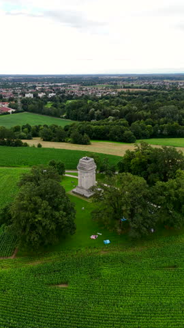 Aerial view of large field of green grass with a small building in the middle. Vertical video.