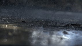 Raindrops creating ripples on a wet surface in slow-motion at 1000 fps, capturing the intricate details and reflective qualities of water, emphasizing the serene and dynamic aspects of rainfall - Powered by Shutterstock - Get 15% off with code: PIKWIZARD15