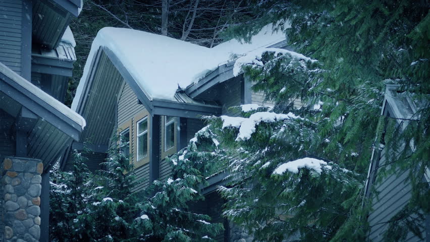 Snowing On House By Trees Winter Scene

