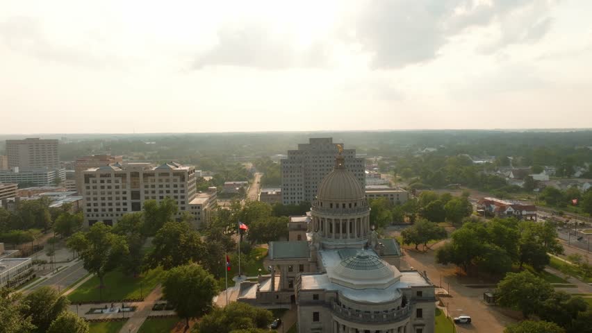 Drone Footage of the Mississippi Capitol Building Downtown Jackson At Sunset