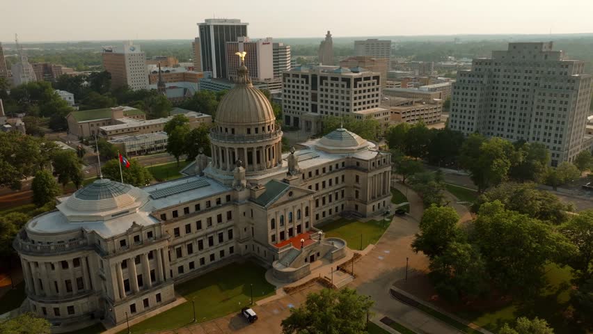 Drone Footage of the Mississippi Capitol Building Downtown Jackson At Sunset