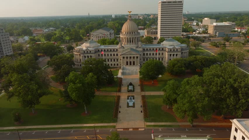 Drone Footage of the Mississippi Capitol Building Downtown Jackson From the Front At Sunset