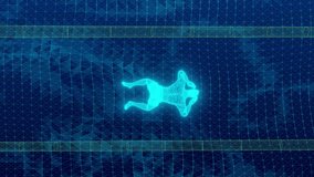 3D animation, abstract silhouette of a wireframe man swimming in a pool against a background of abstract technological water and dividing paths on a blue background. Holographic style swimming lessons - Powered by Shutterstock - Get 15% off with code: PIKWIZARD15
