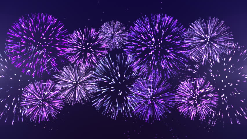 Bright glowing multicolor fireworks show and festival in the night sky. National holidays, celebrations, events, and New Year's Eve fireworks seamless loop. Purple shining fireworks with bokeh. 4k.