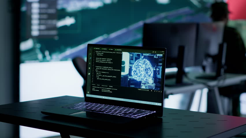 Military personnel working next to AI brain neural network in a command post with a North Korea flag on big screen. IT engineer employing deep learning to spread misinformation for scams. Camera A.