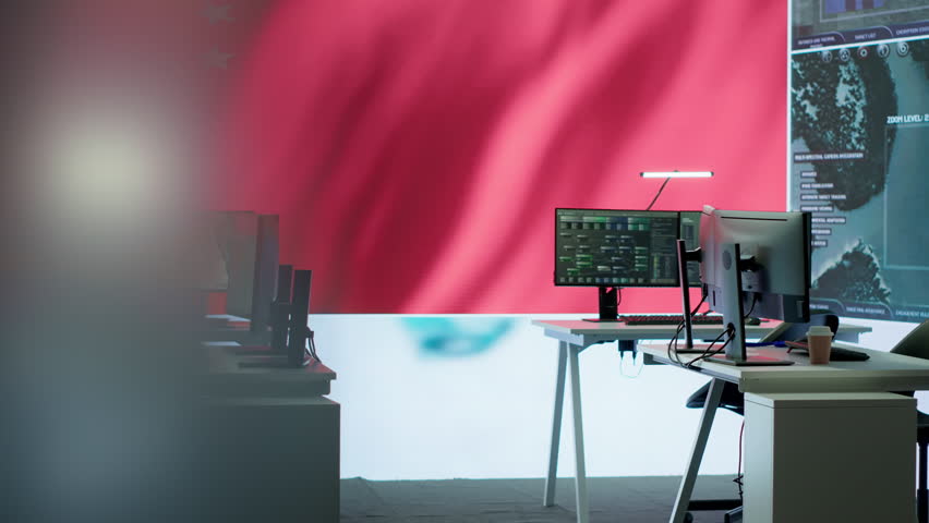 Empty chinese military base of operations working on spreading fake news and war propaganda for communism ideology. Army command post employing big data and high tech gear. Camera A.