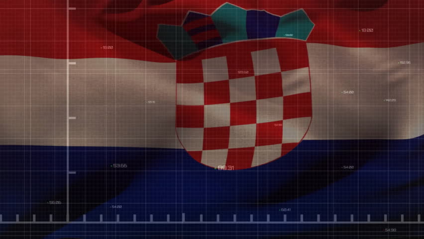 Animation of financial data processing over flag of croatia. Global business, finances, computing and digital interface concept digitally generated video.