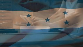 Animation of financial data processing over flag of honduras. Global business, finances, computing and digital interface concept digitally generated video. - Powered by Shutterstock - Get 15% off with code: PIKWIZARD15