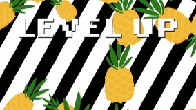 Animation of level up text over pineapples on black and white striped background. Global video game, digital interface, communication, computing and data processing concept digitally generated video. - Powered by Shutterstock - Get 15% off with code: PIKWIZARD15