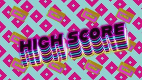 Animation of high score text over vibrant patterned background. Global video game, digital interface, communication, computing and data processing concept digitally generated video. - Powered by Shutterstock - Get 15% off with code: PIKWIZARD15