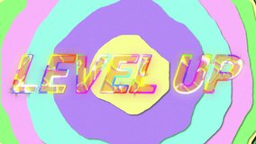 Animation of level up text over vibrant circles patterned background. Global video game, digital interface, communication, computing and data processing concept digitally generated video. - Powered by Shutterstock - Get 15% off with code: PIKWIZARD15