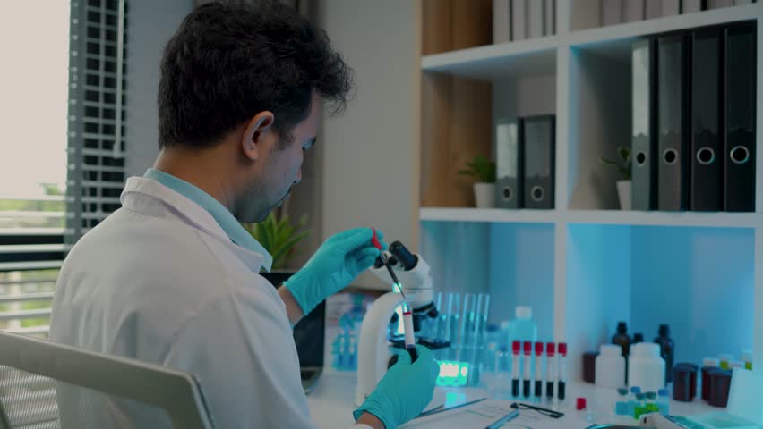 a scientist is analyzing a liquid sample by testing it with lap equipment in the laboratory. there is a microscope on the desk, a chemist is examining a sample of a dangerous liquid - Powered by Shutterstock - Get 15% off with code: PIKWIZARD15