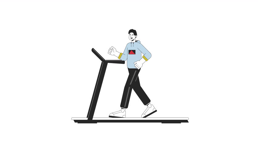 Latin american man running on treadmill line 2D character animation. Regular training flat color cartoon 4K video, alpha channel. Hispanic male gym workout animated person on white background