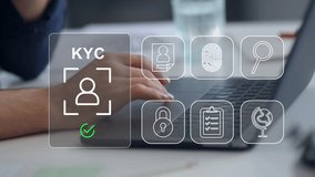  Interactive KYC compliance interface with the user. Business professional interacting with a Know Your Customer (KYC) compliance and security interface on digital screen. Identity verification, E KYC - Powered by Shutterstock - Get 15% off with code: PIKWIZARD15