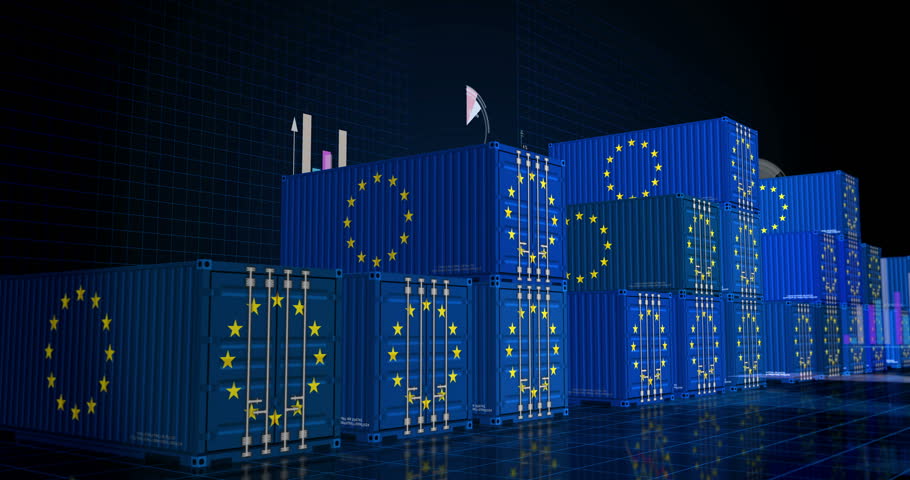 EU export production and import containers cargo with business diagrams and charts concept. European Union flag industrial shipping box 3d.