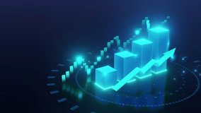A futuristic 3D graph with glowing bars and an upward arrow, representing growth and success in a digital and technological context. Perfect for business, finance, and data visualizations. - Powered by Shutterstock - Get 15% off with code: PIKWIZARD15