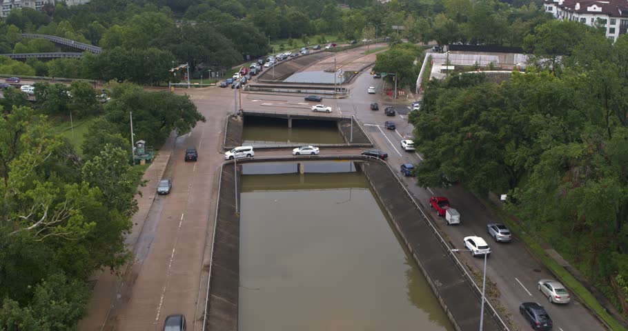 Drone view of under bridge flooding on Allen Parkway in Houston, Texas