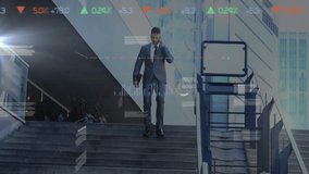 Animation of financial data processing over caucasian businessman using smartphone. Global finance, business, connections, computing and data processing concept digitally generated video. - Powered by Shutterstock - Get 15% off with code: PIKWIZARD15