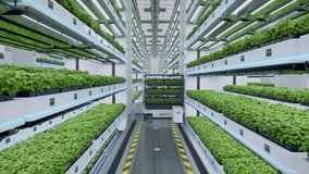 Autonomous farm robots transporting organic grown herbs in automated vertical greenhouse. Vertical smart farming concept. Future sustainable agriculture technology. 3d animation rendering - Powered by Shutterstock - Get 15% off with code: PIKWIZARD15