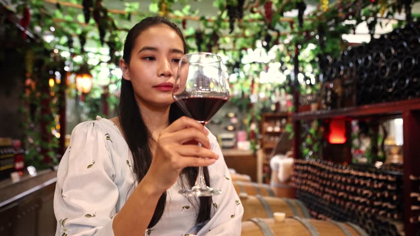 Beautiful asian female customer who likes drink wine for health : Portrait happy asian woman holding glass red wine, smelling the aroma judging the good taste and tasting good mood in a wine shop.