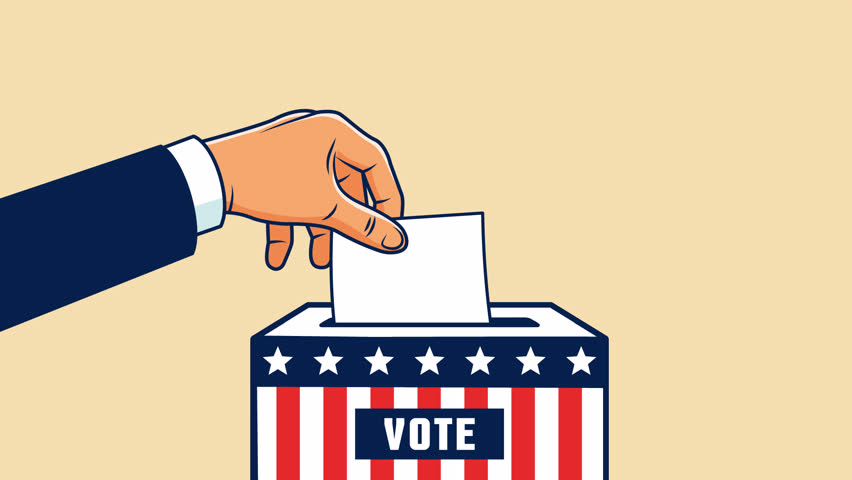 Hand placing a ballot into a voting box decorated with the United States flag pattern. Symbolizing Elections in the USA. Retro style animation 