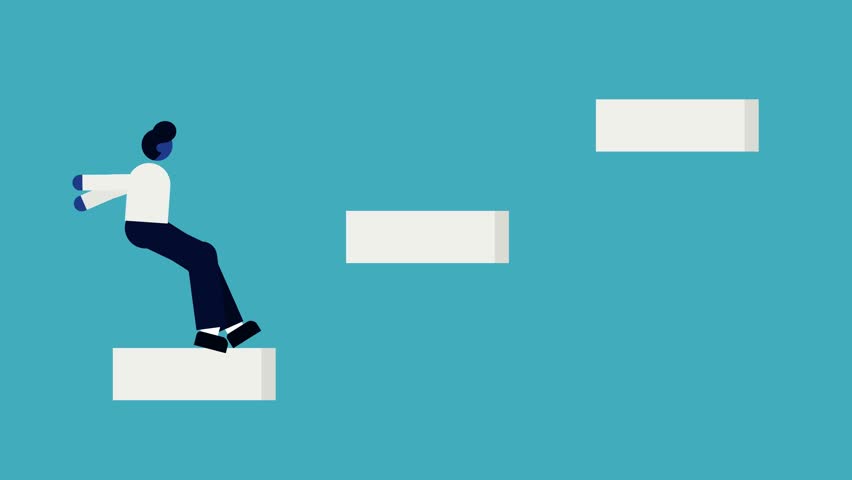 2D animation video of businessman jumping on a box and reaching a flag or goal, depicting achievement and success