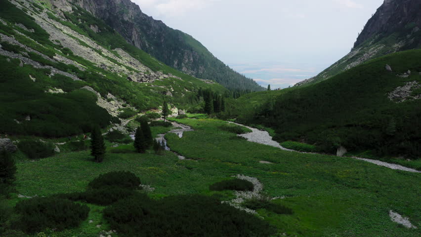 Drone shot of emerald green mountain landscape valley in Vysoke Tatry