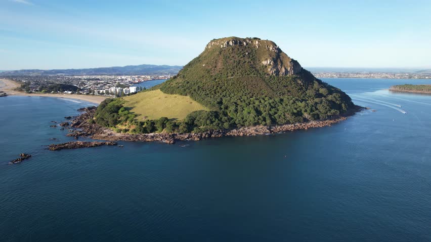 Mount Maunganui Volcano, Sacred Maori Site Near Tauranga, Bay of Plenty, North Island, New Zealand. Aerial Shot