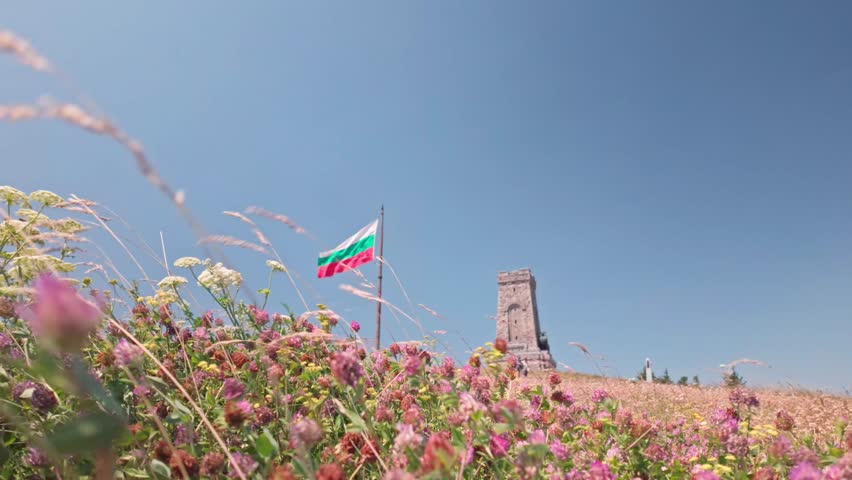 Red wildflowers blowing in breeze grow on battleground of Shipka Pass Bulgaria