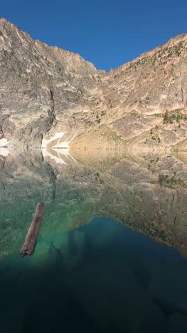 Vertical View of Amazing Crystal Clear Water of Alpine Lake and Peaks Mirror Reflections on Surface