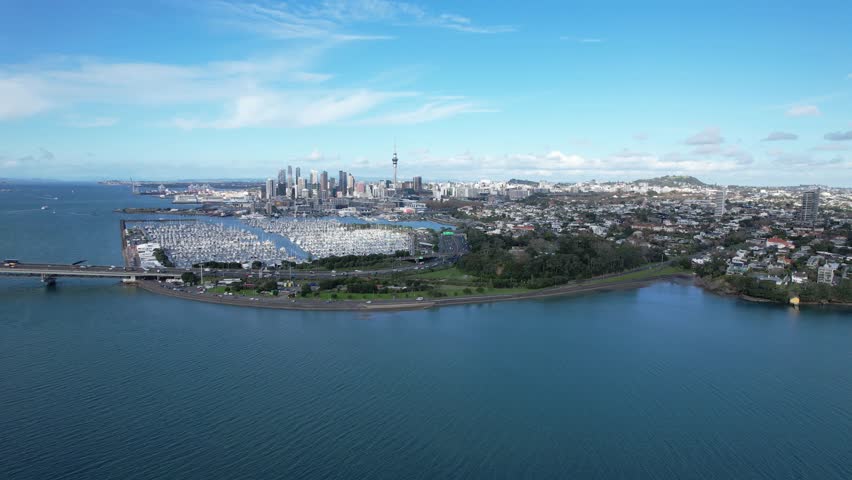 Auckland Harbour Bridge Eight-lane Motorway Over The Waitemata Harbour In Auckland, New Zealand. Aerial Shot