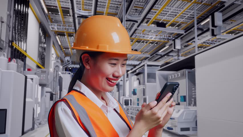 Close Up Side View Of Asian Female Engineer With Safety Helmet Using Smartphone While Standing At Factory Digitalization