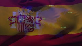 Animation of financial data processing over flag of spain. Global finance, business, connections, computing and data processing concept digitally generated video. - Powered by Shutterstock - Get 15% off with code: PIKWIZARD15
