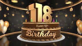 18 years, 18th birthday cake animation 3d render in chocolate gold with confetti and balloon background. 4k
 - Powered by Shutterstock - Get 15% off with code: PIKWIZARD15