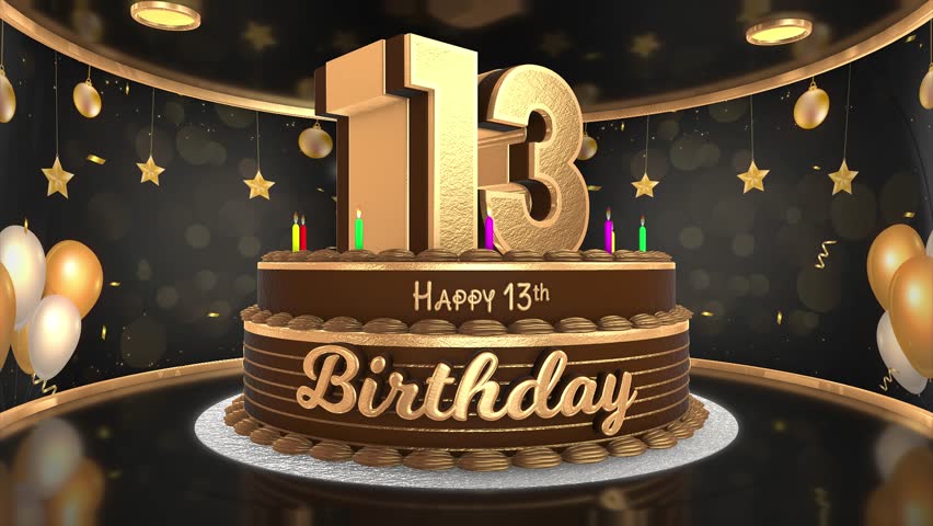 13 years, 13th birthday cake animation 3d render in chocolate gold with confetti and balloon background. 4k
