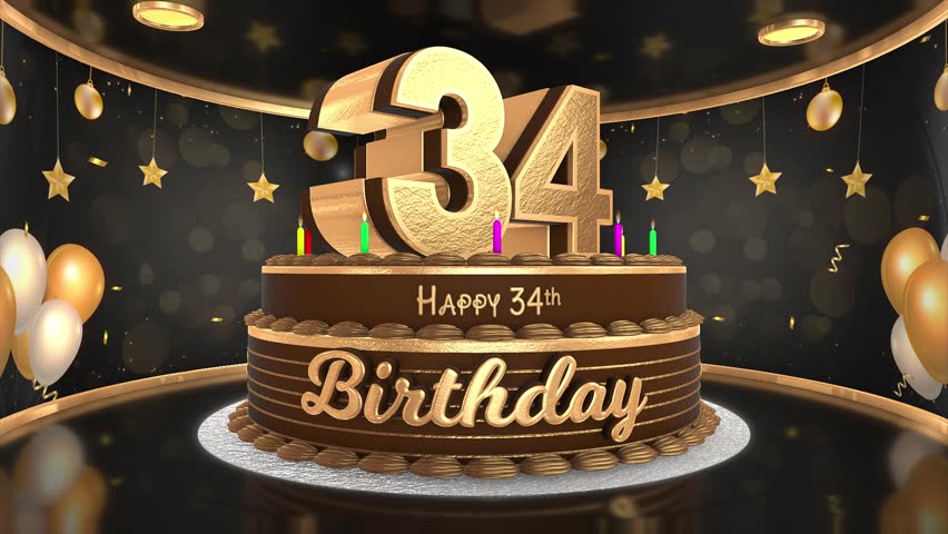 34 years, 34th birthday cake animation 3d render in chocolate gold with confetti and balloon background. 4k
