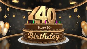 40 years, 40th birthday cake animation 3d render in chocolate gold with confetti and balloon background. 4k
 - Powered by Shutterstock - Get 15% off with code: PIKWIZARD15