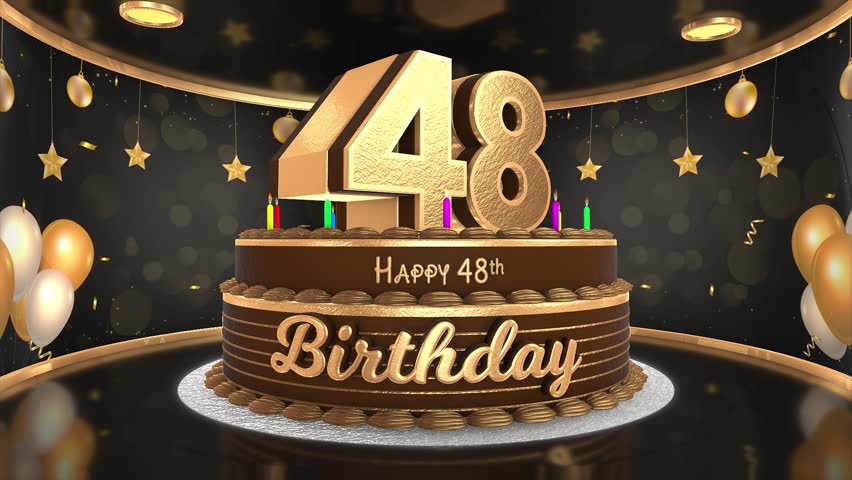 48 years, 48th birthday cake animation 3d render in chocolate gold with confetti and balloon background. 4k
