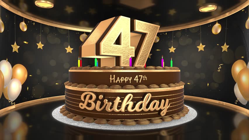 47 years, 47th birthday cake animation 3d render in chocolate gold with confetti and balloon background. 4k
