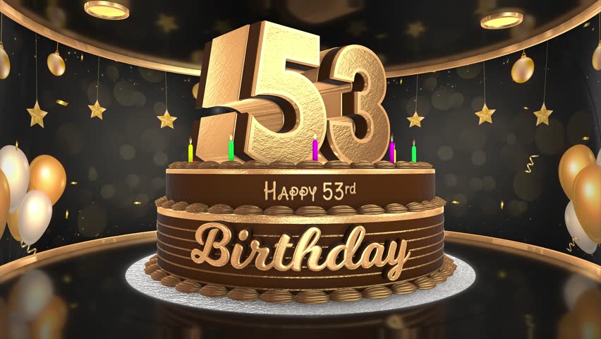 53 years, 53rd birthday cake animation 3d render in chocolate gold with confetti and balloon background. 4k
