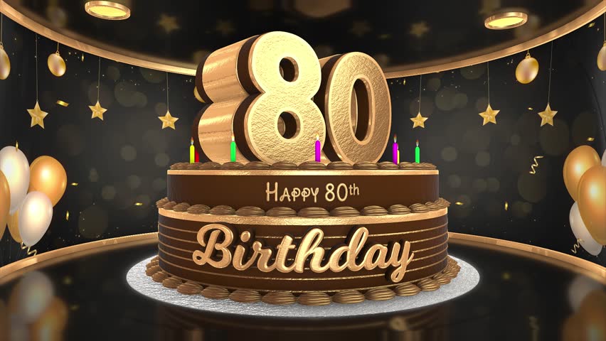 80 years, 80th birthday cake animation 3d render in chocolate gold with confetti and balloon background. 4k
