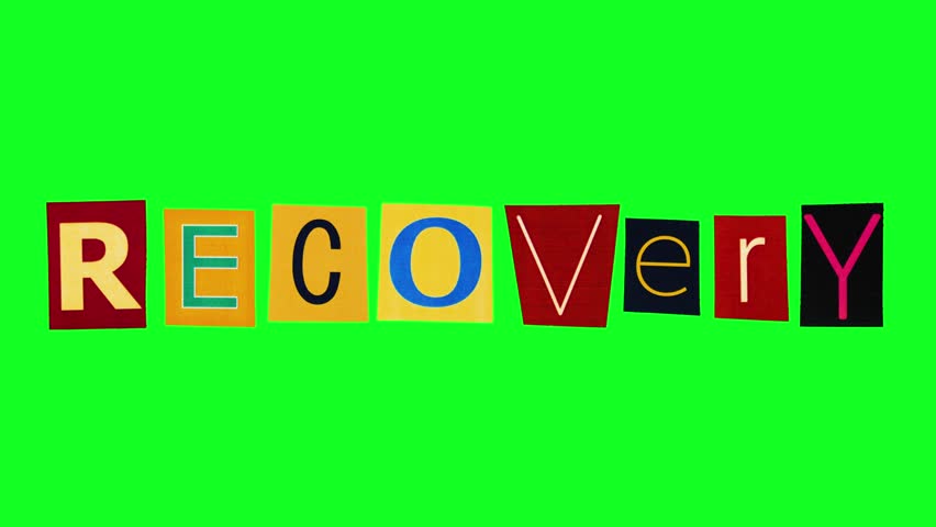 The word recovery is created from magazine cut letters moving in a loop on a green screen background in stop motion. Title with the meaning rehabilitation after illness is made from colorful stickers.