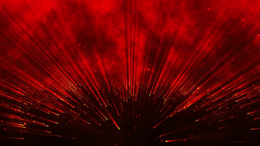Abstract red orange led background with rays and motion dots. Abstract background with light rays and glowing particles. Animation of geometric design element. 3D rendering. 4K animation
