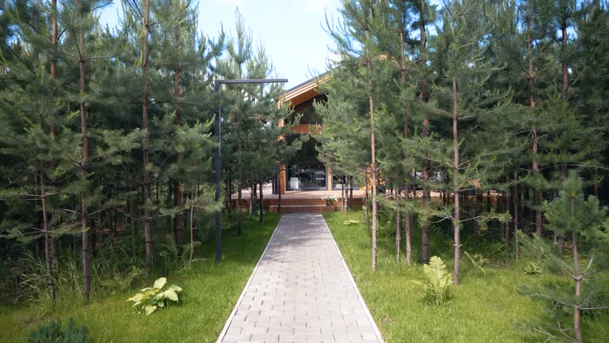 Smooth zoom on a country timber frame house with a garden area, tiled path, grass, lanterns and spruce trees. A woman and a dog are sitting in the house. Beautiful view of a well-kept wooden house